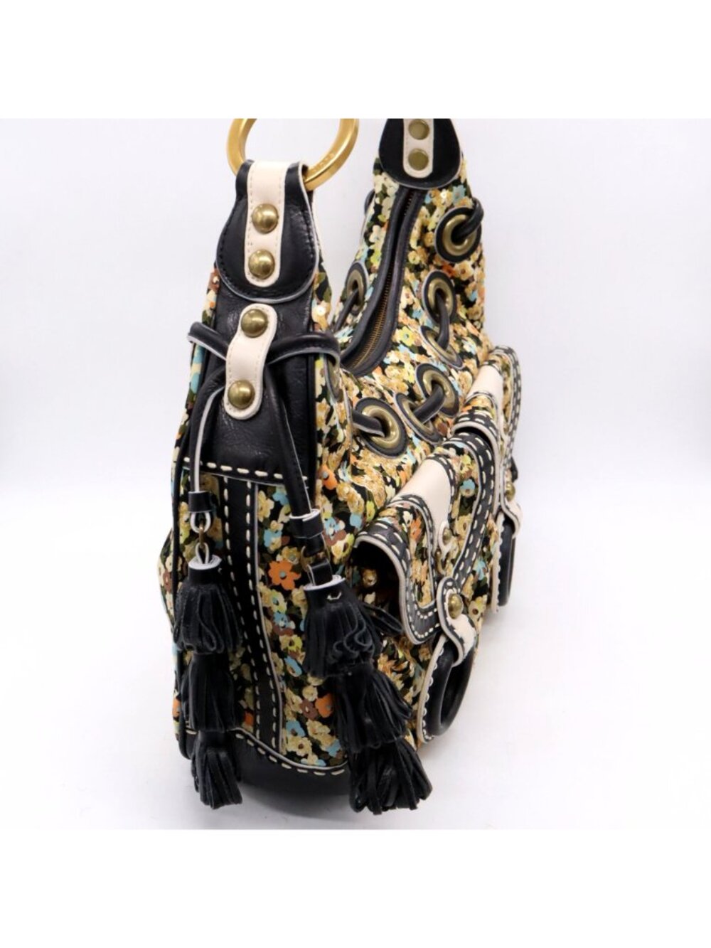 Rare Vtg Early 2000's Isabella Fiore Floral Hobo Purse Leather Tassels Boho Y2K - Picture 8 of 16